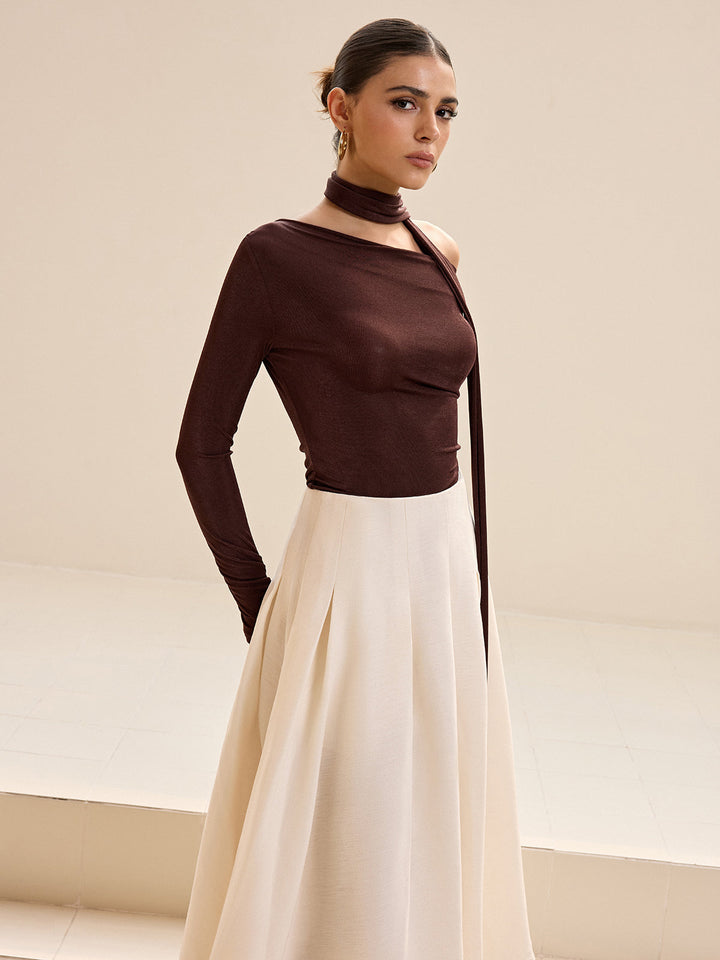 Asymmetric Neck Tie Detail Long-Sleeve T-Shirt  Liora Lane Boutique T-Shirts Dark Brown / XL 25.00
