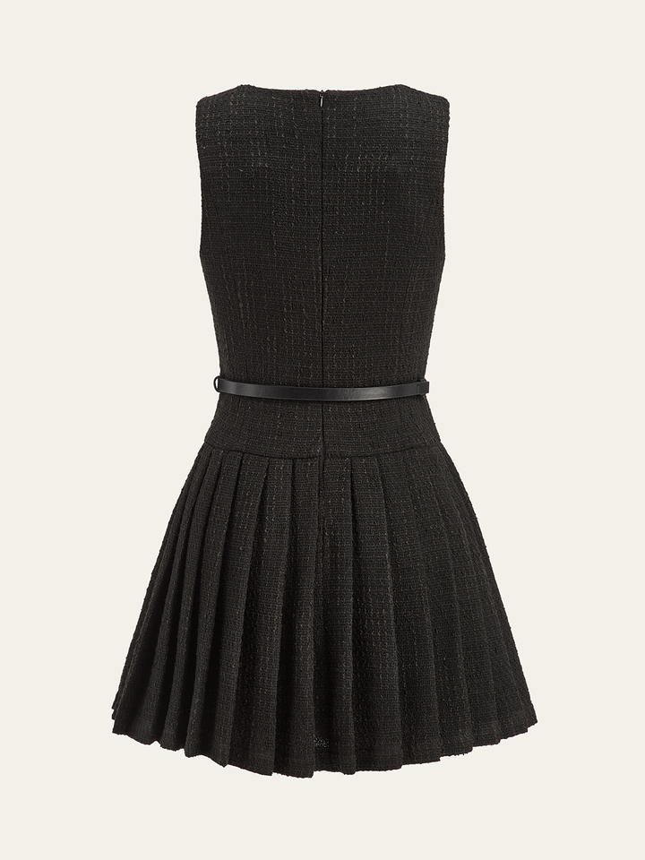 Tweed Sleeveless Pleated Mini Dress with Belt  Liora Lane Boutique Dresses