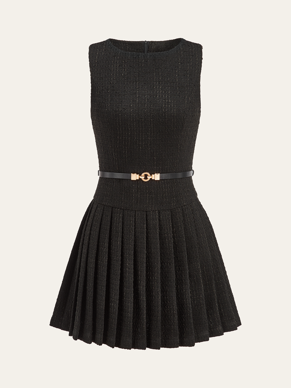 Tweed Sleeveless Pleated Mini Dress with Belt  Liora Lane Boutique Dresses