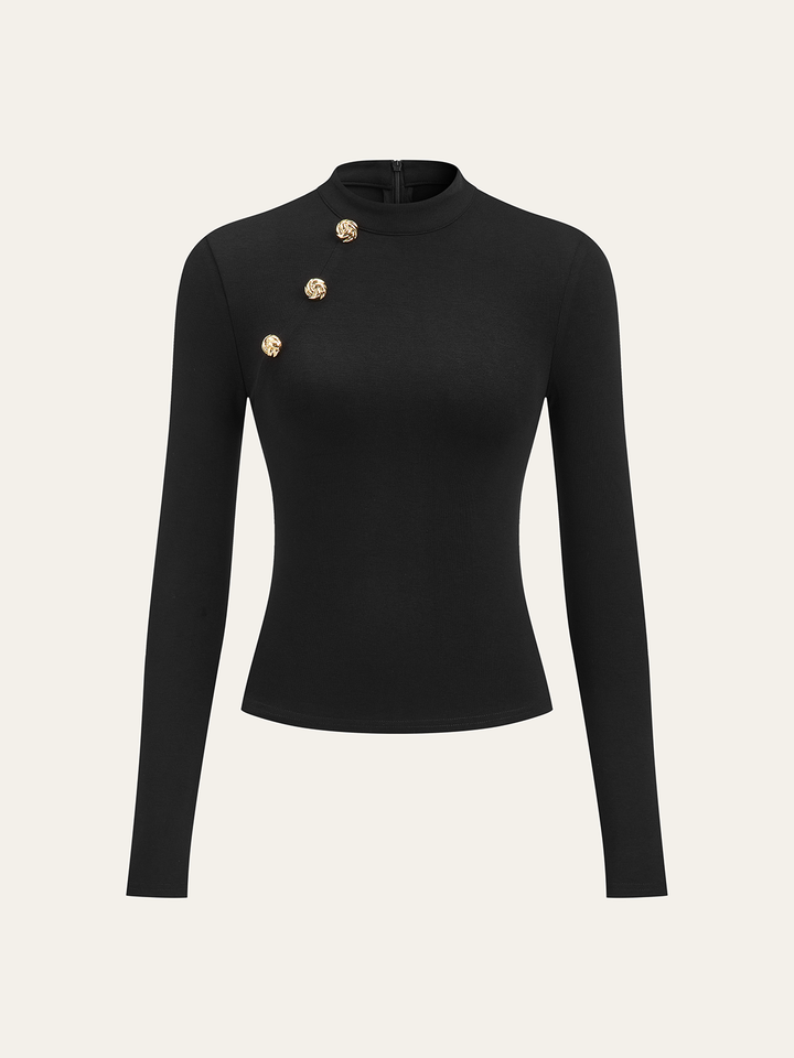Metal Detail Mock Neck Long Sleeve T-Shirt  Liora Lane Boutique T-Shirts Black / XL 35.00