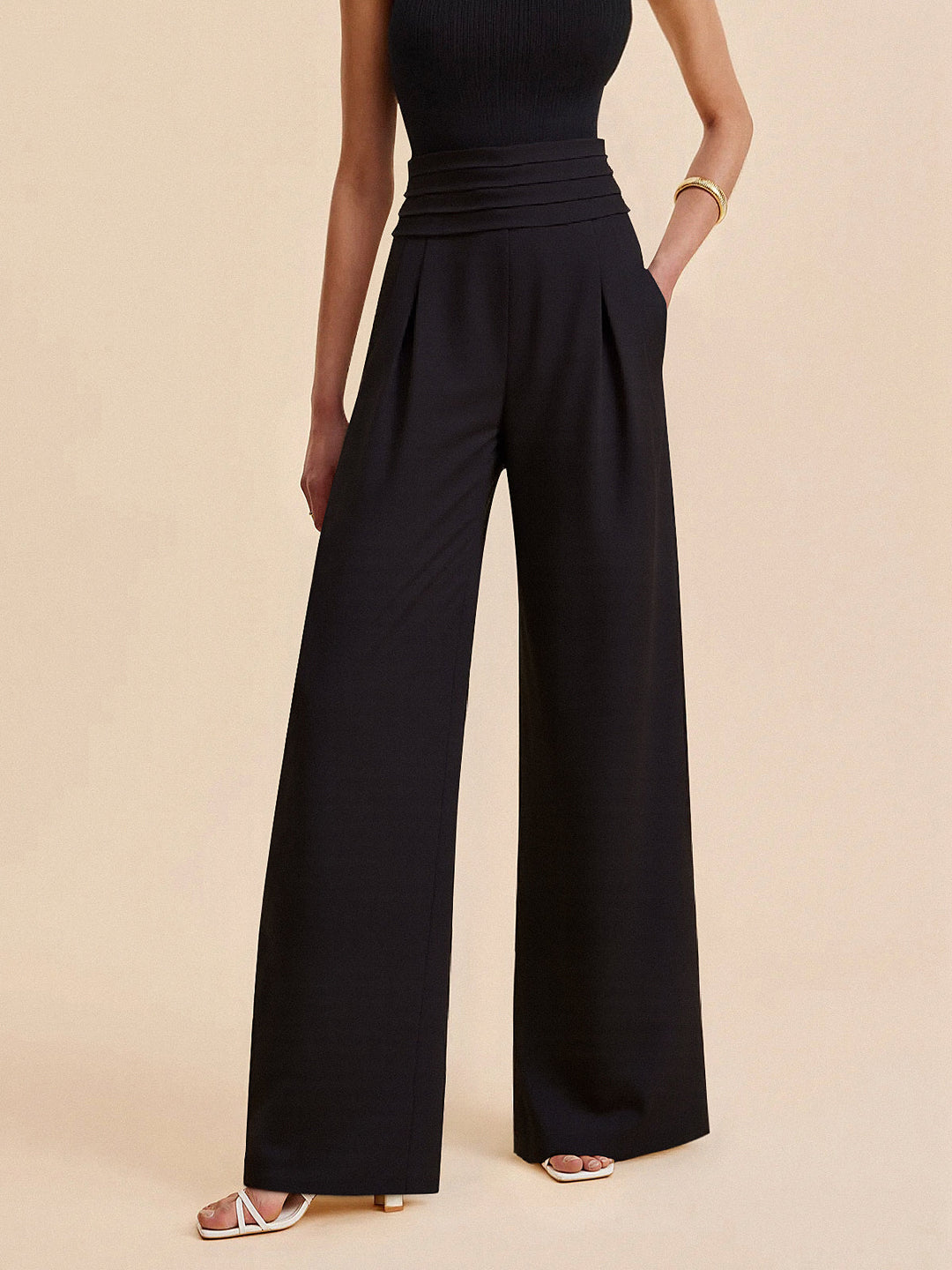 High-Waist Pleated-Waistband Wide-Leg Pants  Liora Lane Boutique Pants Black / XL 52.00