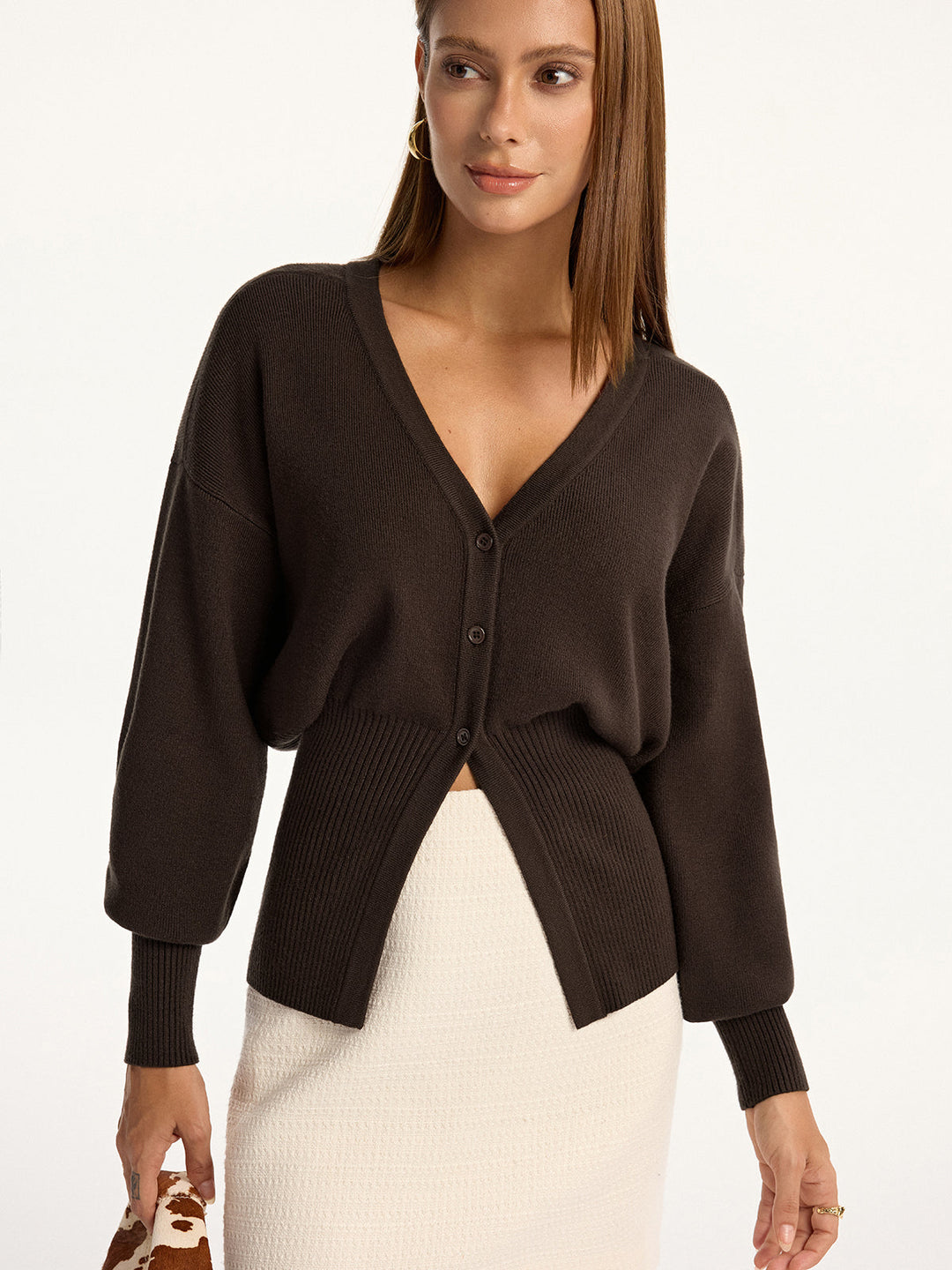 Split Hem V-Neck Cardigan  Liora Lane Boutique Cardigans Dark Brown / XL 49.00