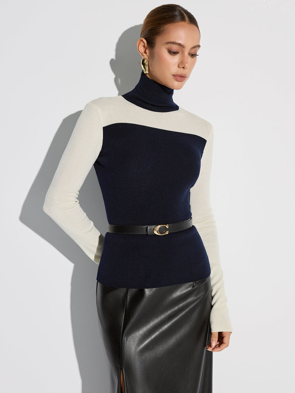 Turtleneck Two-Tone Wool Blend Knit Top  Liora Lane Boutique Knit Tops