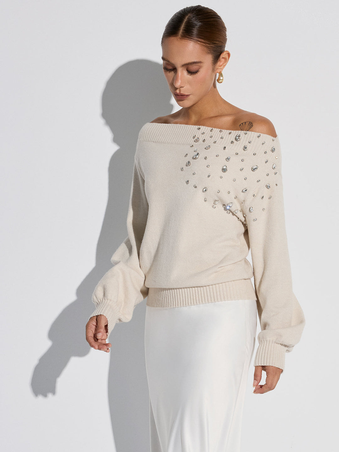 Rhinestone-Embellished Off-Shoulder Sweater  Liora Lane Boutique Sweaters