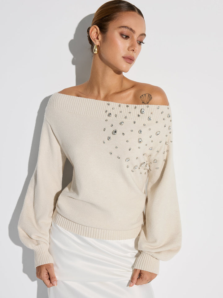 Rhinestone-Embellished Off-Shoulder Sweater  Liora Lane Boutique Sweaters Apricot / XL 54.00