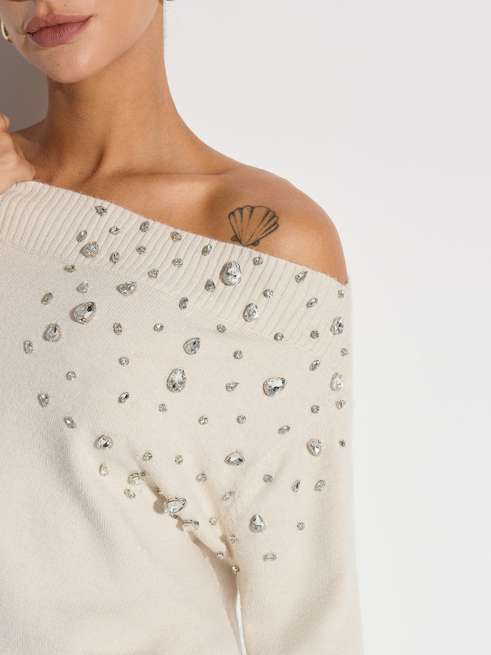 Rhinestone-Embellished Off-Shoulder Sweater  Liora Lane Boutique Sweaters