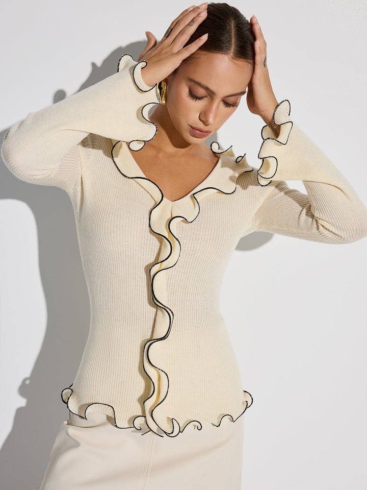 Contrast Trim Ruffled Sweater  Liora Lane Boutique Sweaters