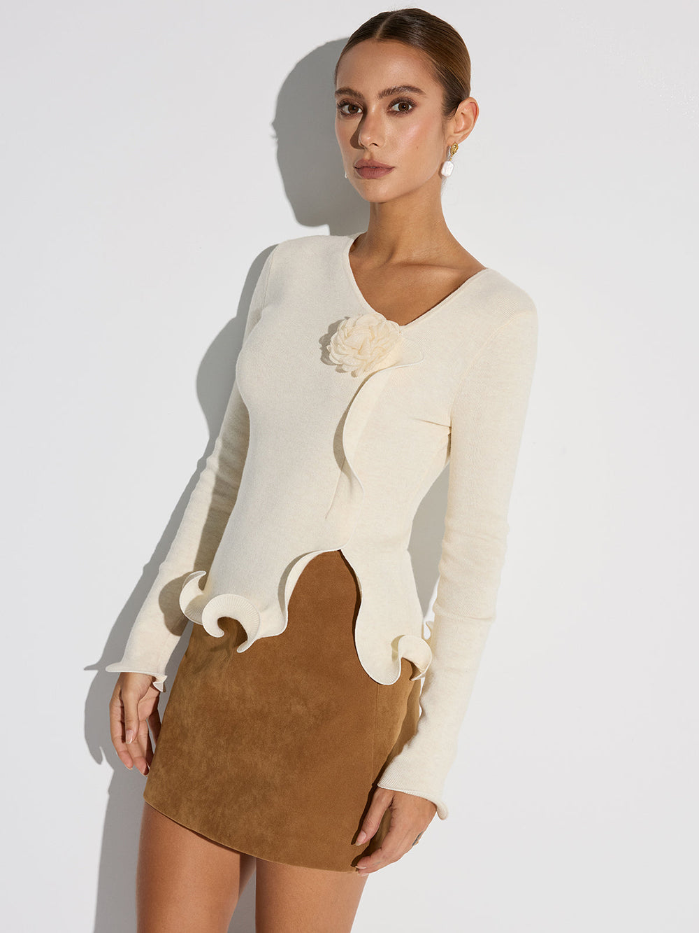 3D Floral Ruffled Hem Knit Top  Liora Lane Boutique Knit Tops