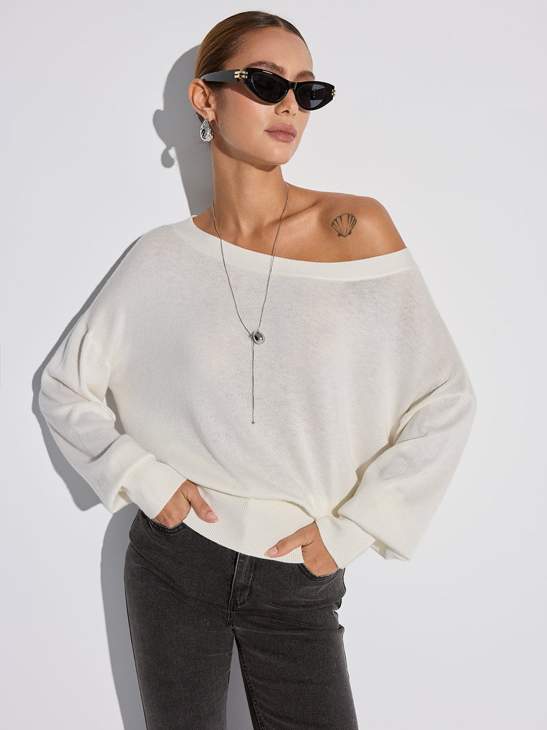 Off-Shoulder Oversized Knit Top  Liora Lane Boutique Knit Tops Off-White / XL 38.00
