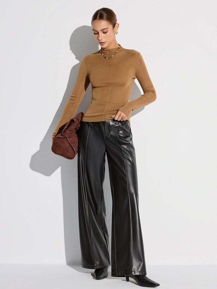 Wool Blend Mock Neck Fitted Long Sleeve Knit Top  Liora Lane Boutique Knit Tops