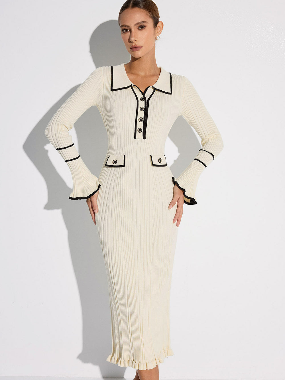 Contrast Trim Buttoned Ribbed Sweater Dress  Liora Lane Boutique Sweater Dresses