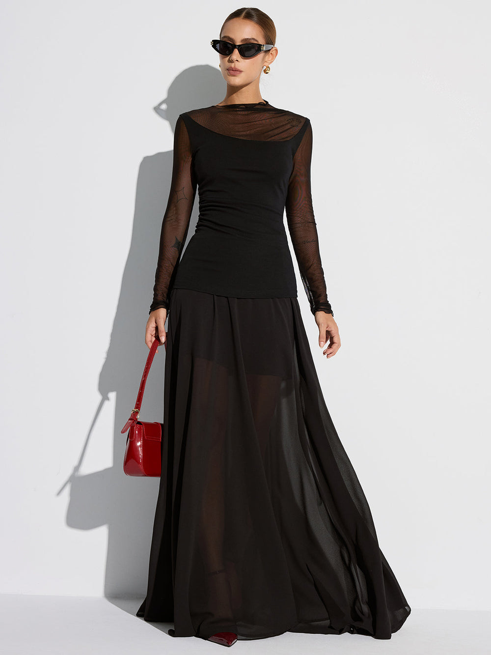 Semi-Sheer Mesh Panel Long Sleeve T-Shirt  Liora Lane Boutique T-Shirts