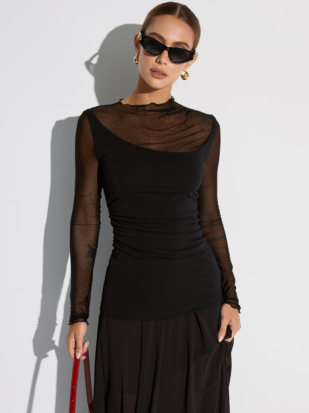 Semi-Sheer Mesh Panel Long Sleeve T-Shirt  Liora Lane Boutique T-Shirts