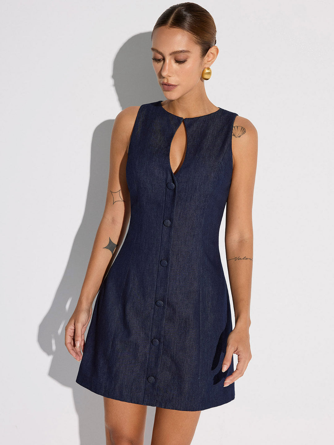 Keyhole Neckline Button Denim Mini Dress  Liora Lane Boutique Dresses