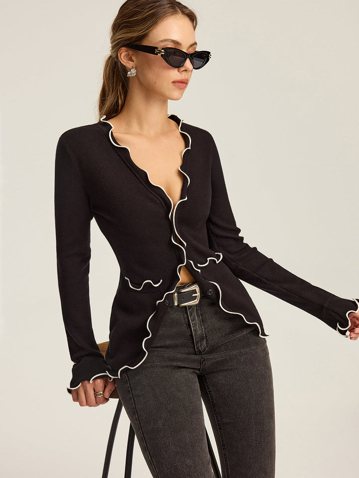 Contrast Scallop Trim Knit Top  Liora Lane Boutique Knit Outerwear Black / XL 48.00