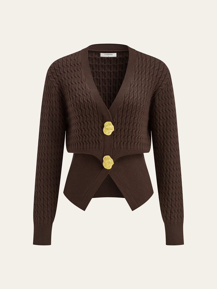 Metal Button V-Neck Cable Knit Outerwear  Liora Lane Boutique Knit Outerwear