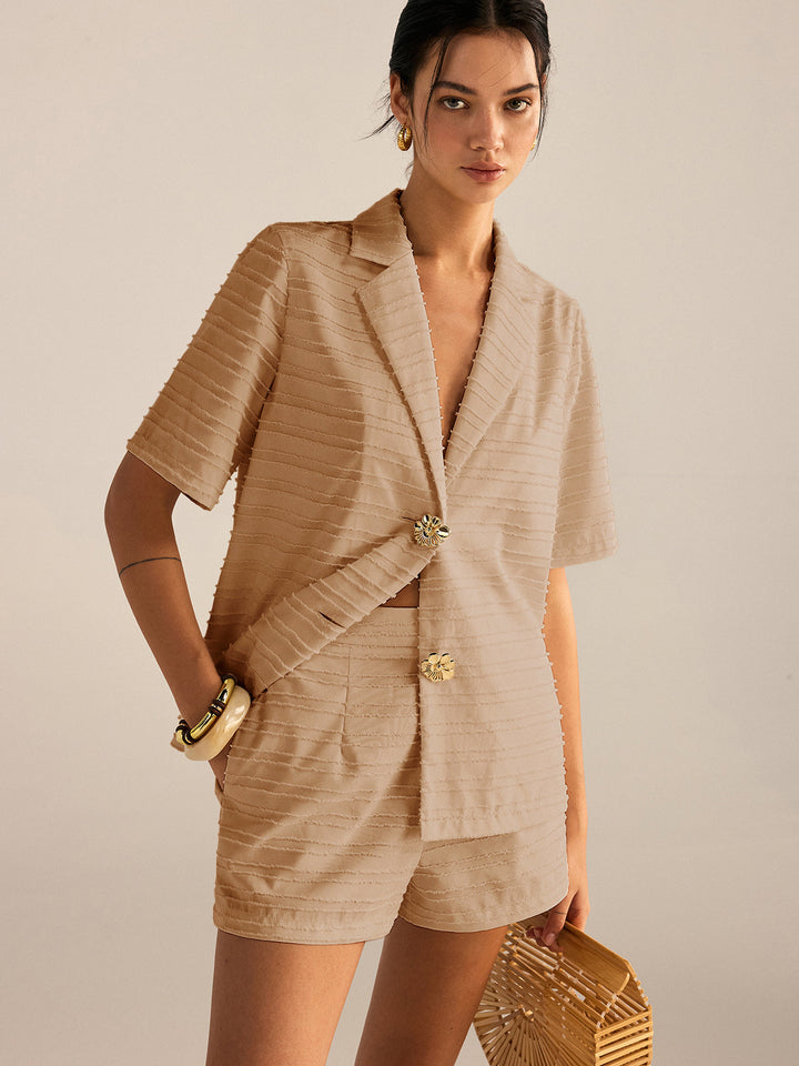 Textured Short-Sleeve Blazer and Shorts Set  Liora Lane Boutique Short Sets Khaki / XL 52.00
