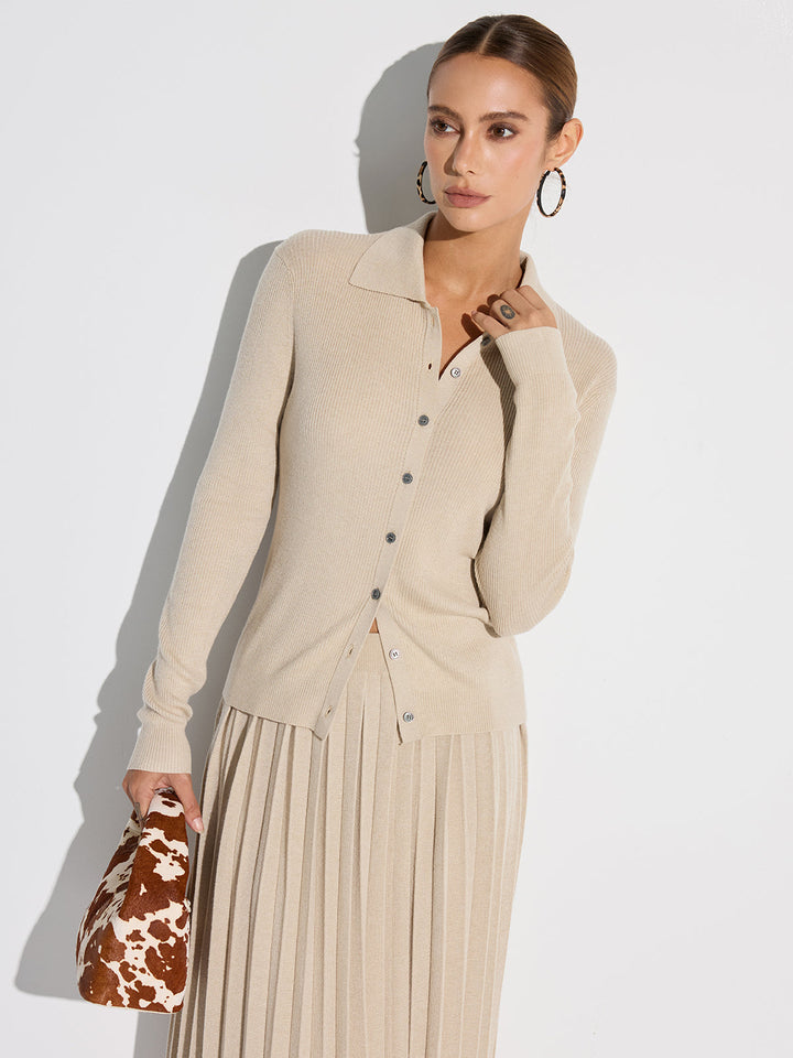 Ribbed Wool Blend Polo Collar Cardigan  Liora Lane Boutique Cardigans Apricot / XL 52.00