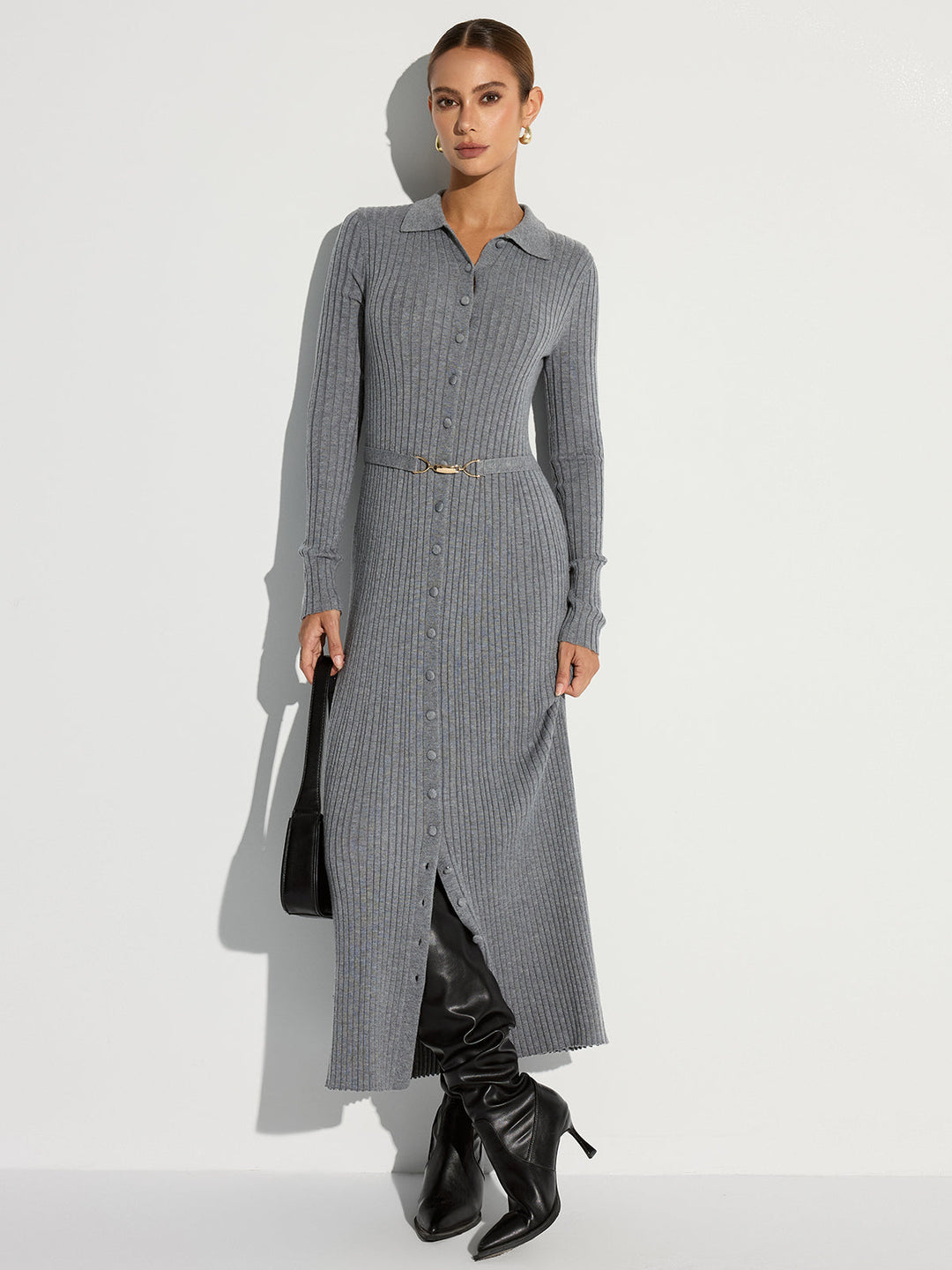 Ribbed Knit Polo Maxi Dress with Belt  Liora Lane Boutique Sweater Dresses Grey / XL 162.99