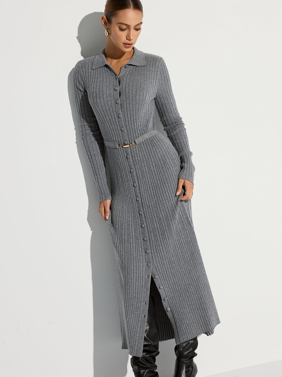 Ribbed Knit Polo Maxi Dress with Belt  Liora Lane Boutique Sweater Dresses
