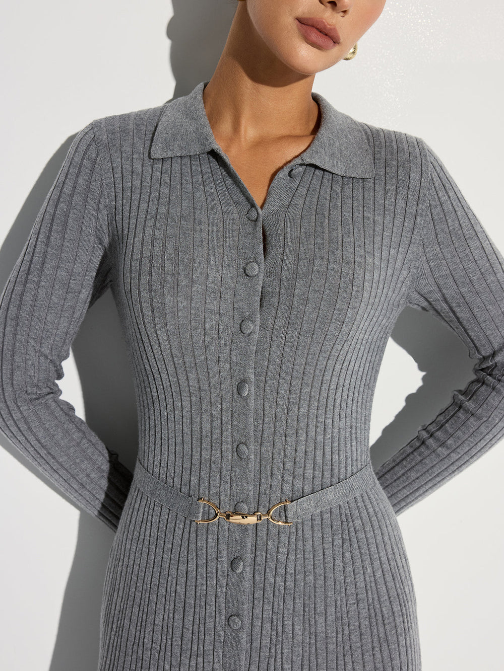 Ribbed Knit Polo Maxi Dress with Belt  Liora Lane Boutique Sweater Dresses