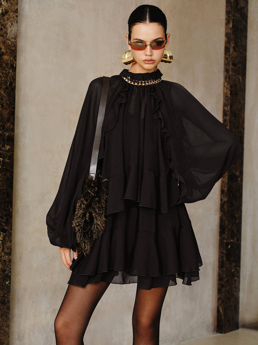 Tiered Ruffle Chiffon Mini Dress Set with Liner  Liora Lane Boutique Dresses Black / XL 72.00