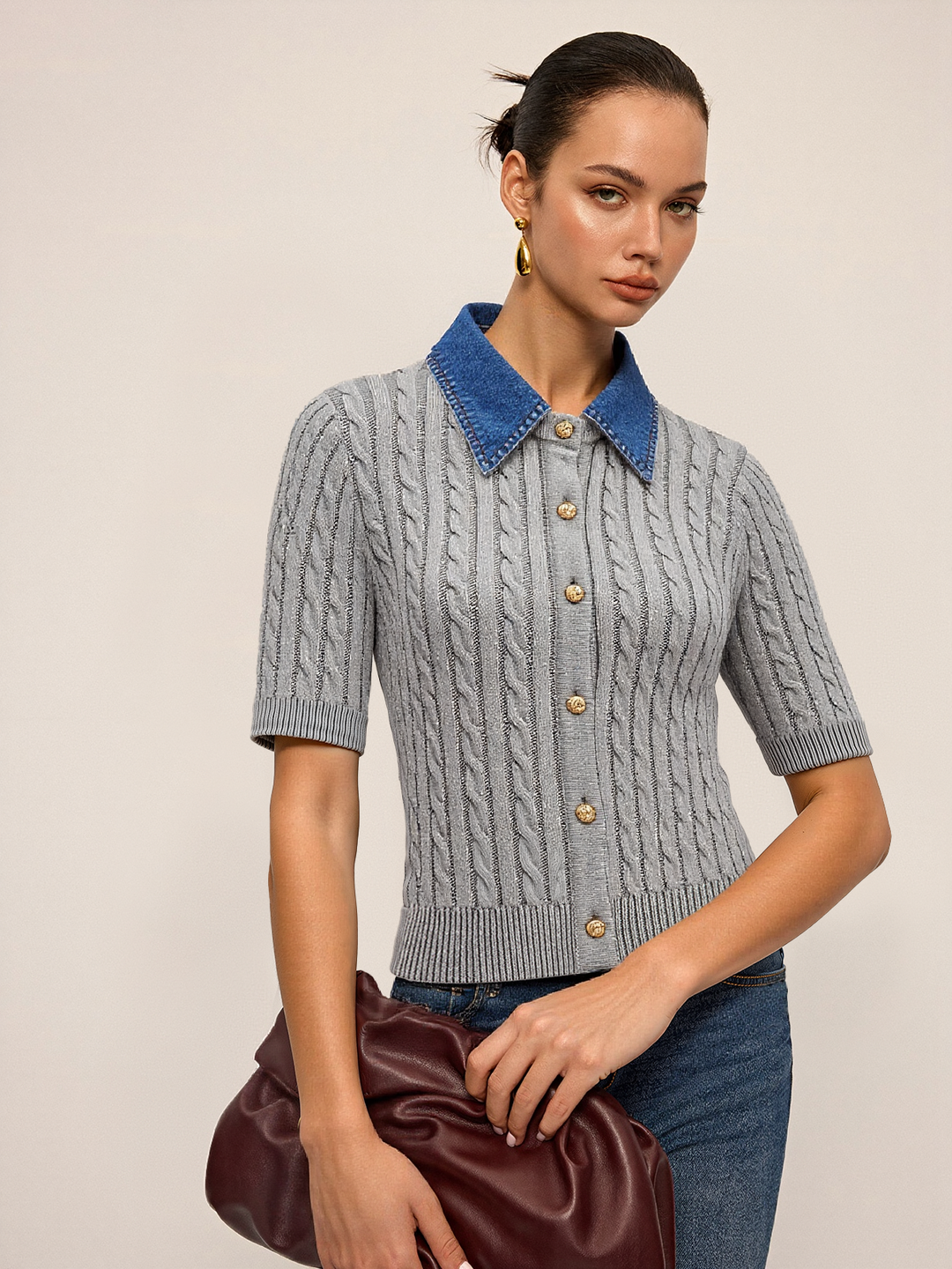 Metal Button Denim Collar Cable-Knit Top  Liora Lane Boutique Knit Tops