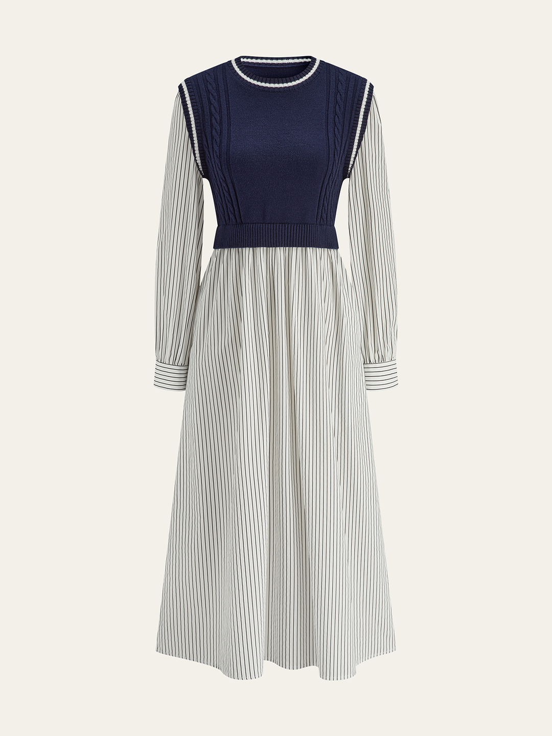 2 in 1 Cable-Knit Paneled Striped Midi Dress  Liora Lane Boutique Sweater Dresses Blue / XL 151.99