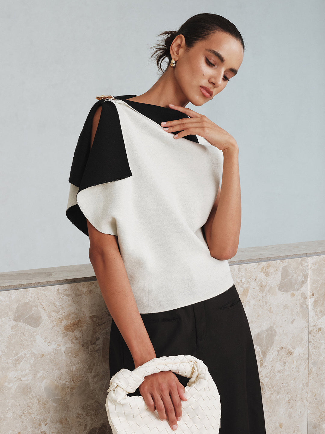 Asymmetric Color-Block Knit Top  Liora Lane Boutique Knit Tops Off-White / XL 54.00