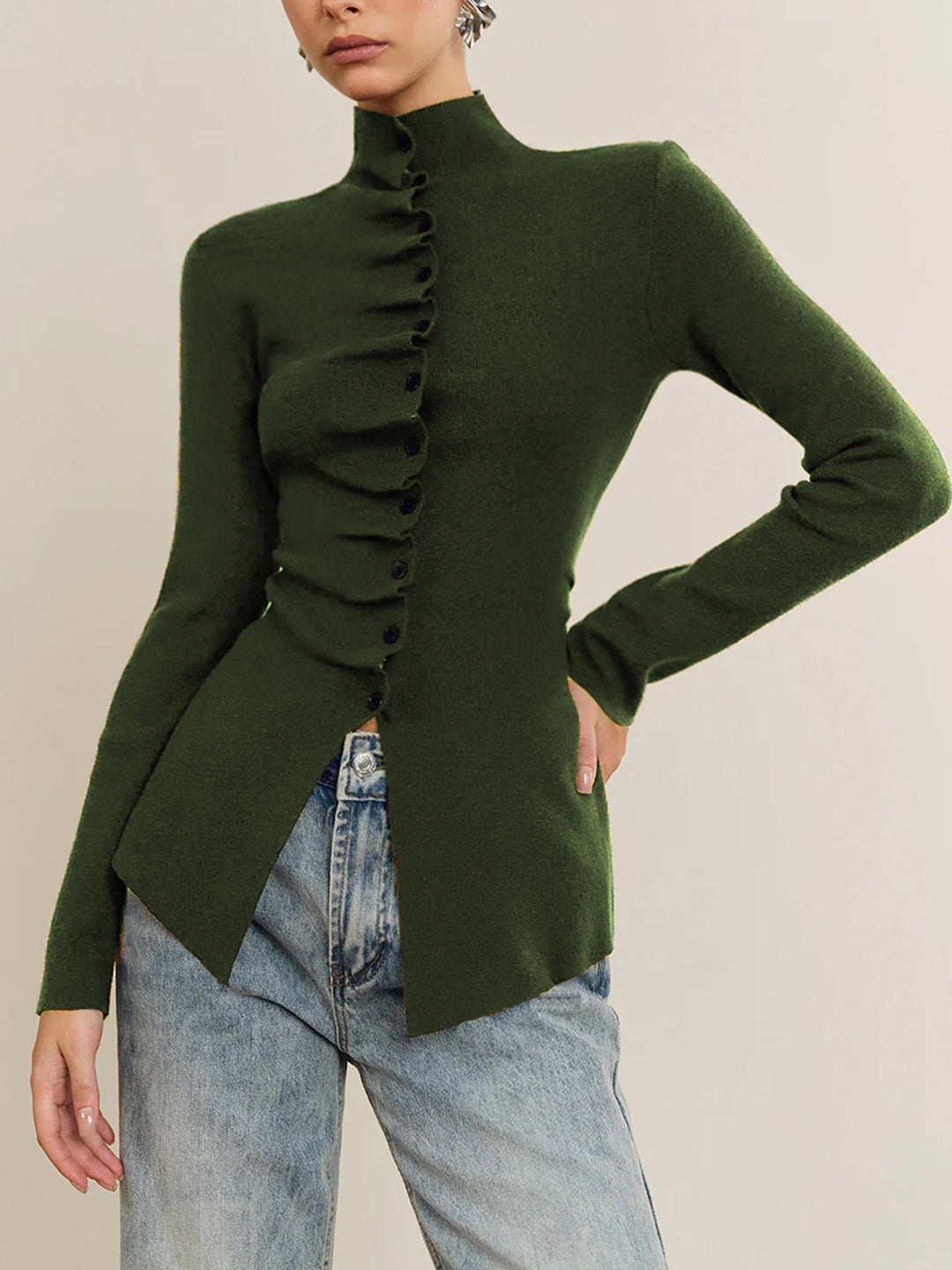 Button Pleated Split Knit Top  Liora Lane Boutique Knit Tops ArmyGreen / XL 44.00