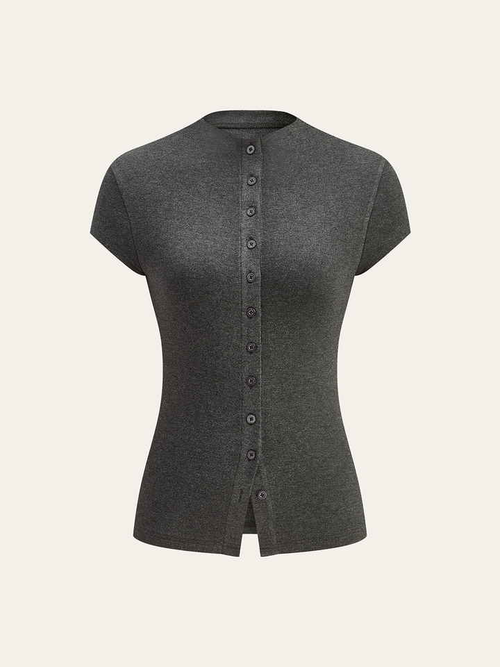 Mock Neck Cap-Sleeve Button T-Shirt  Liora Lane Boutique T-Shirts