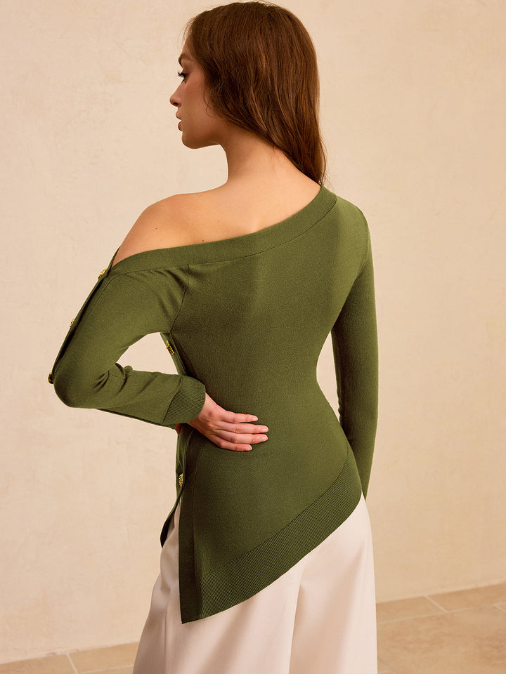 One-Shoulder Metal Detail Asymmetric Knit Top  Liora Lane Boutique Knit Tops