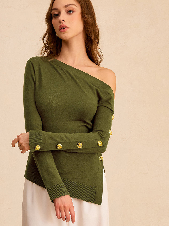 One-Shoulder Metal Detail Asymmetric Knit Top  Liora Lane Boutique Knit Tops