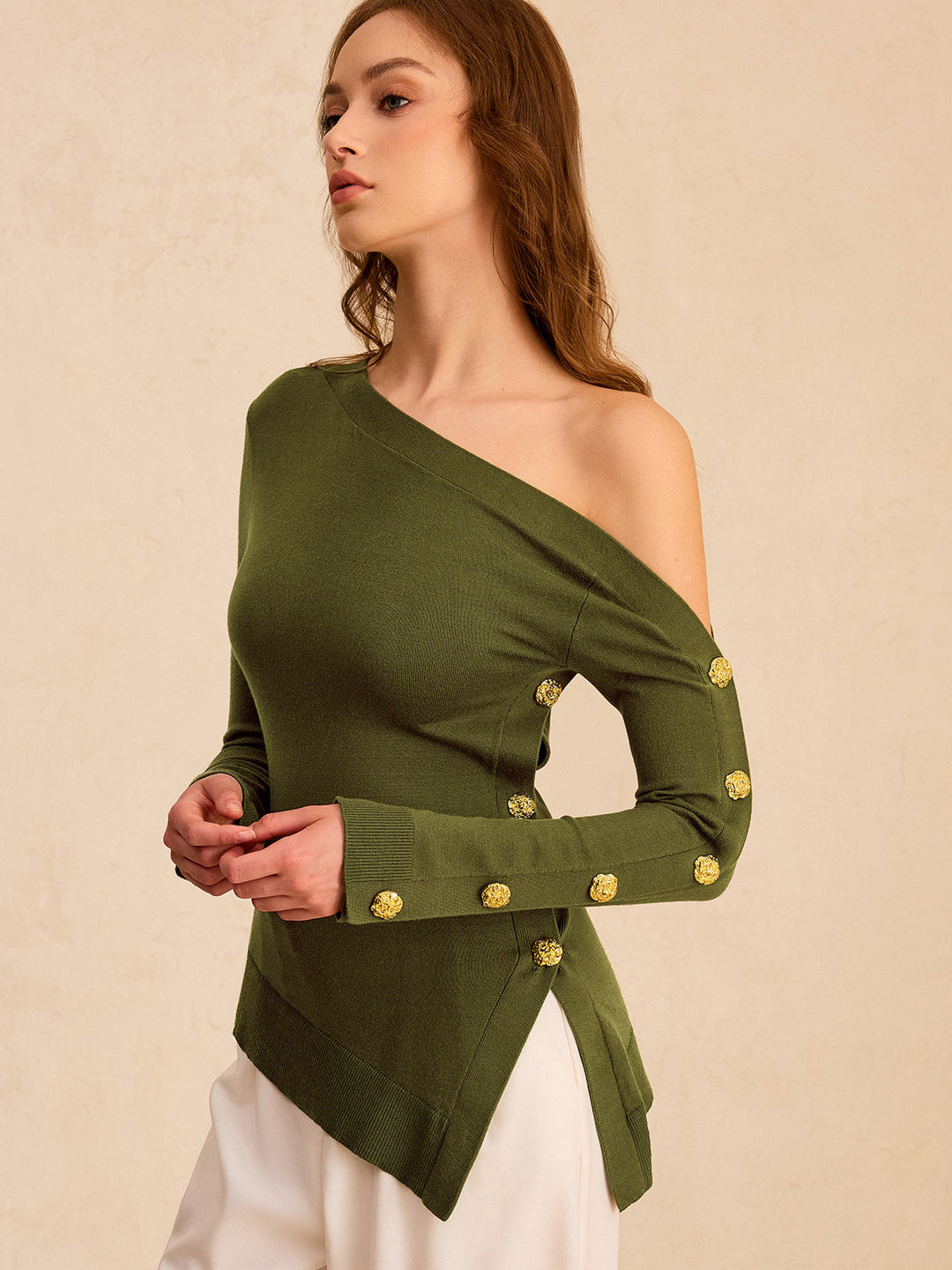 One-Shoulder Metal Detail Asymmetric Knit Top  Liora Lane Boutique Knit Tops ArmyGreen / XL 118.99