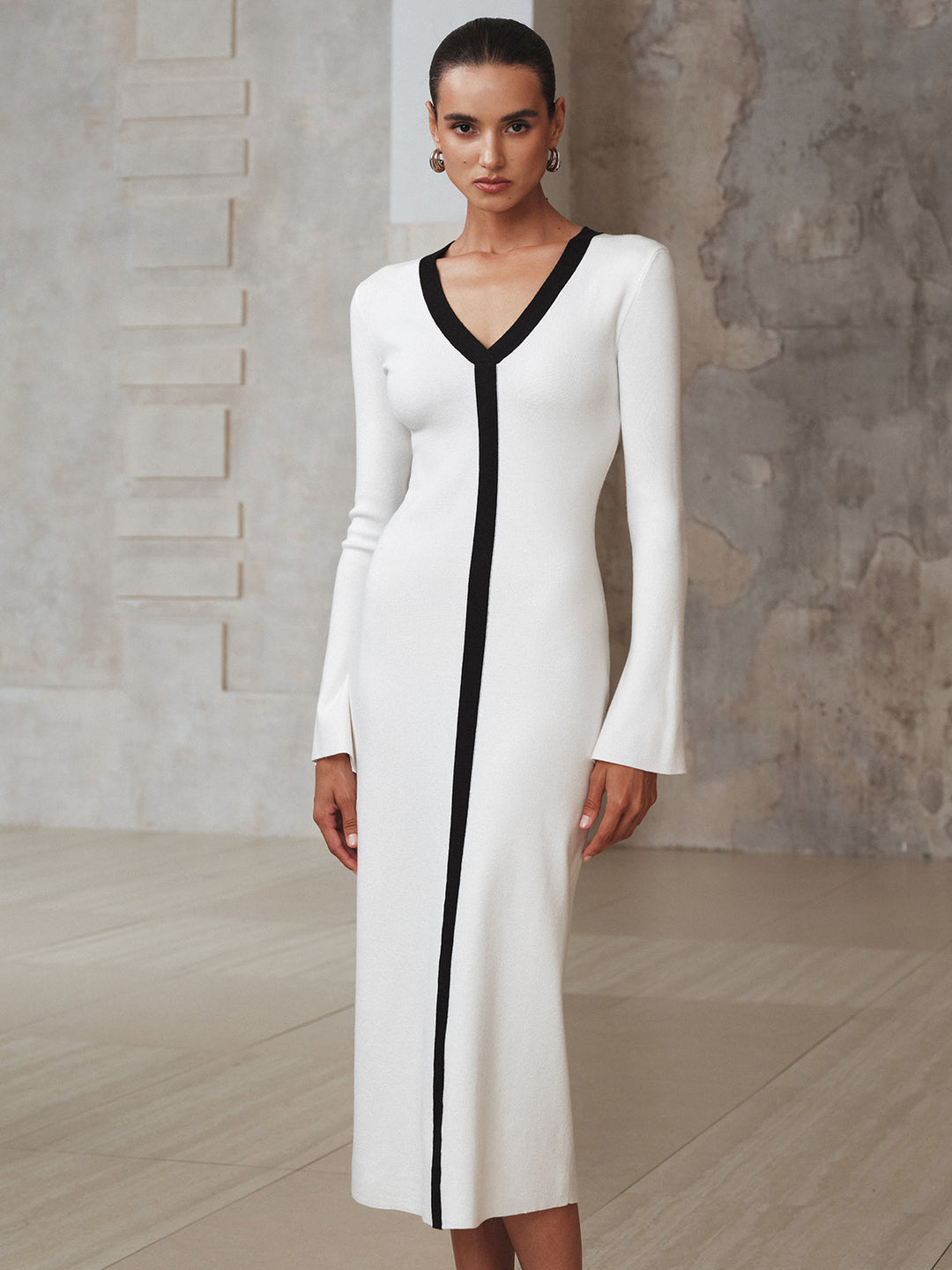 Contrast Trim Knit Maxi Dress  Liora Lane Boutique Sweater Dresses Off-White / XL 150.99