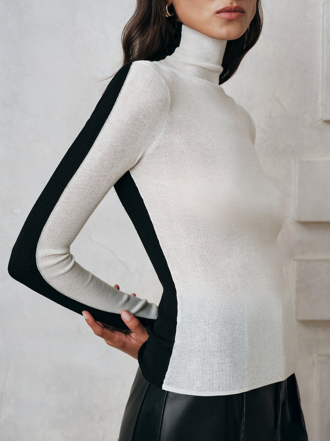 Color-Block Wool Blend Turtleneck Knit Top  Liora Lane Boutique Knit Tops BlackandWhite / XL 42.00