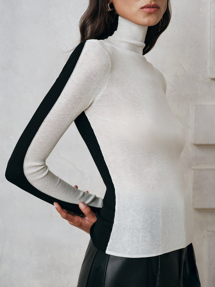 Color-Block Wool Blend Turtleneck Knit Top  Liora Lane Boutique Knit Tops BlackandWhite / XL 42.00