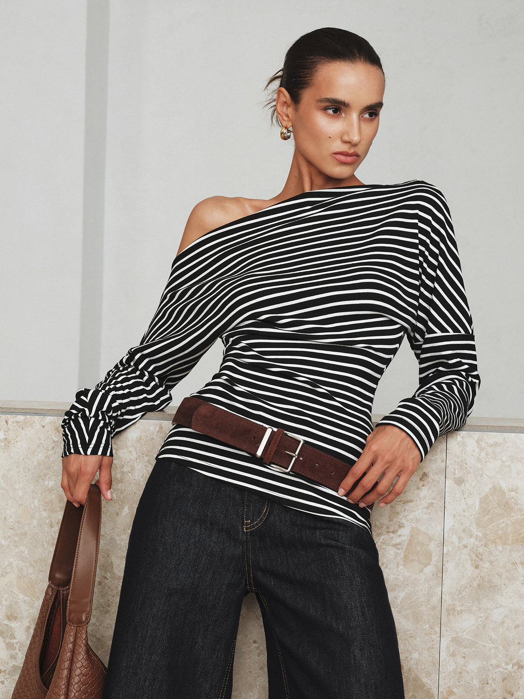 Striped Asymmetric One-Shoulder T-Shirt  Liora Lane Boutique T-Shirts Black / XL 29.00