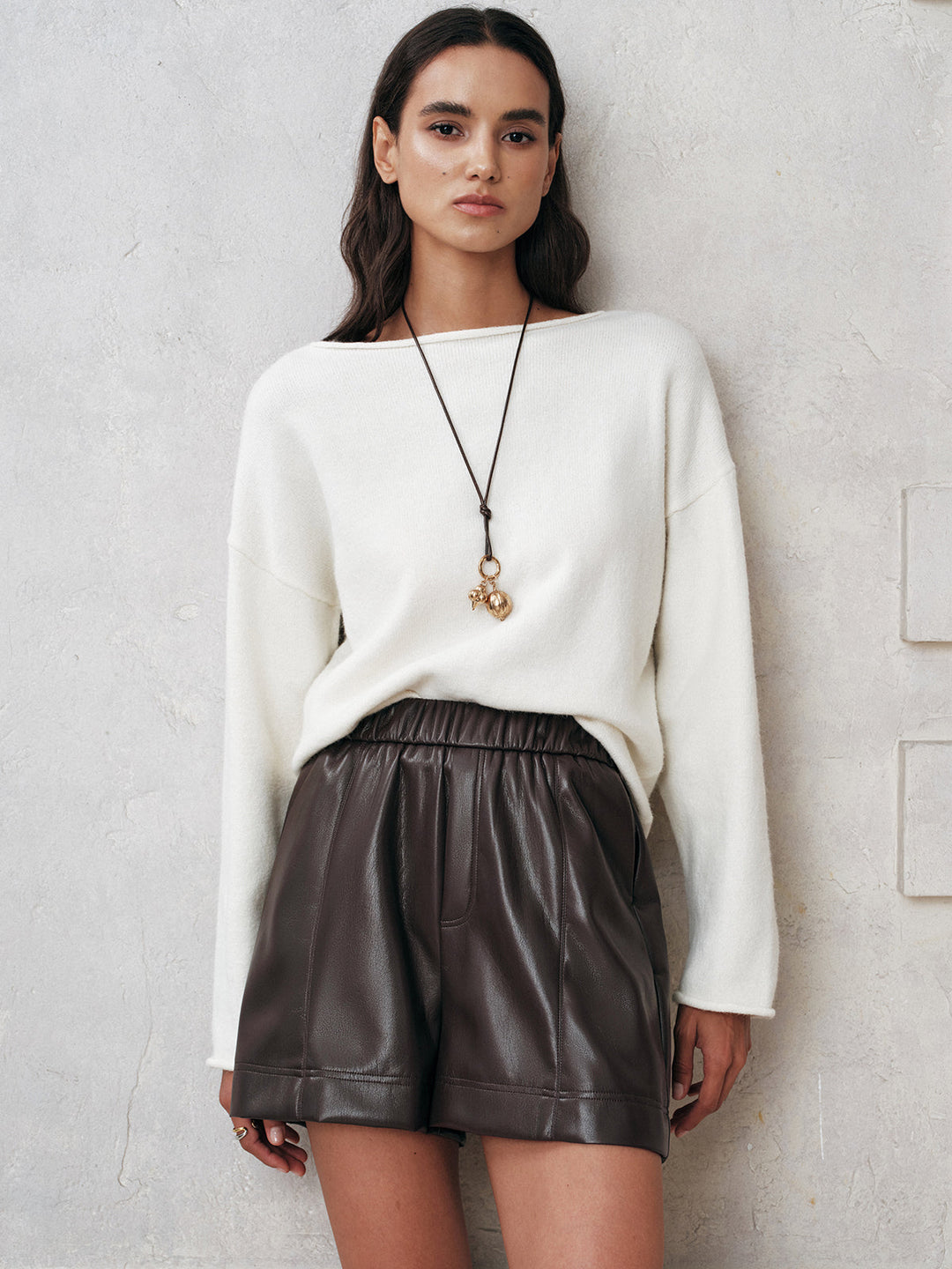 Elastic Waistband Faux Leather Shorts  Liora Lane Boutique Shorts Dark Brown / XL 42.00