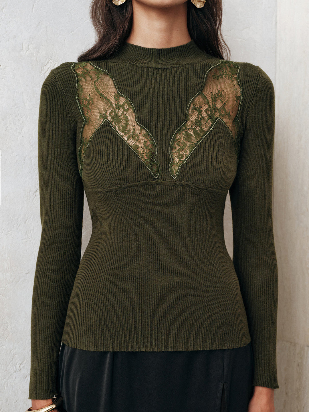 Sheer Lace Panel Mock Neck Sweater  Liora Lane Boutique Sweaters
