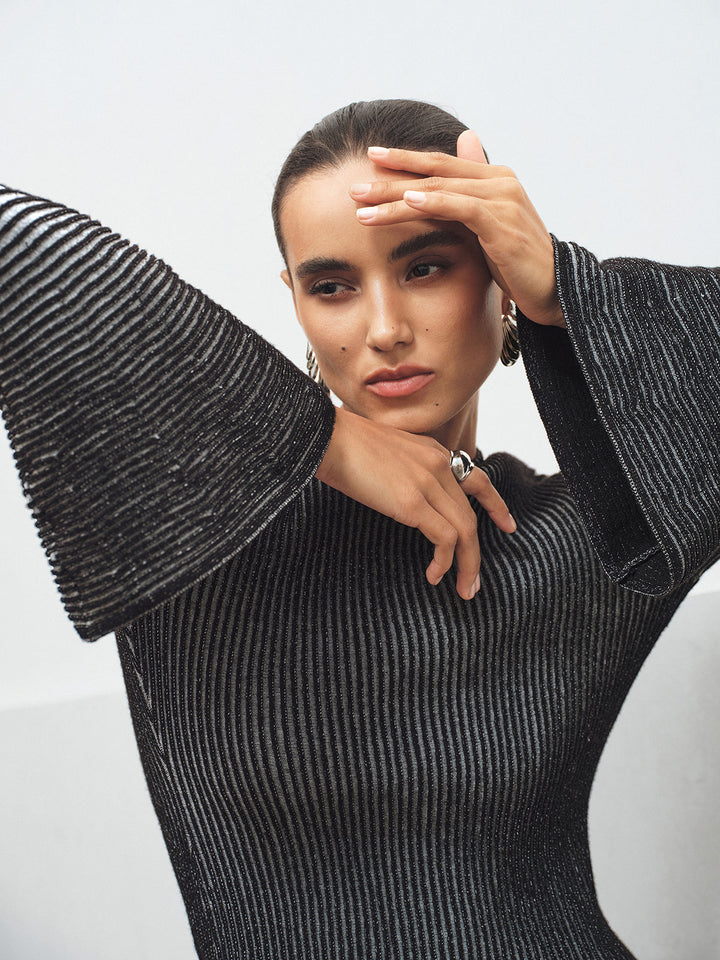 Flared Sleeve Striped Mock Neck Sweater  Liora Lane Boutique Sweaters Black / XL 39.00