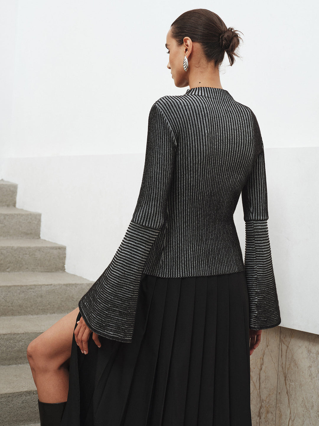 Flared Sleeve Striped Mock Neck Sweater  Liora Lane Boutique Sweaters