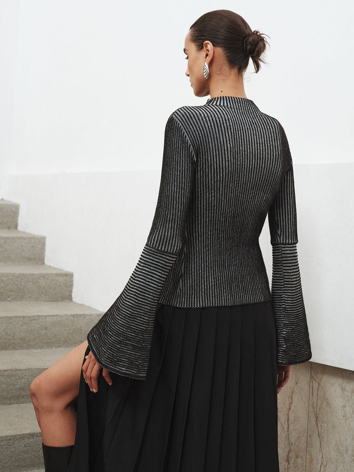 Flared Sleeve Striped Mock Neck Sweater  Liora Lane Boutique Sweaters