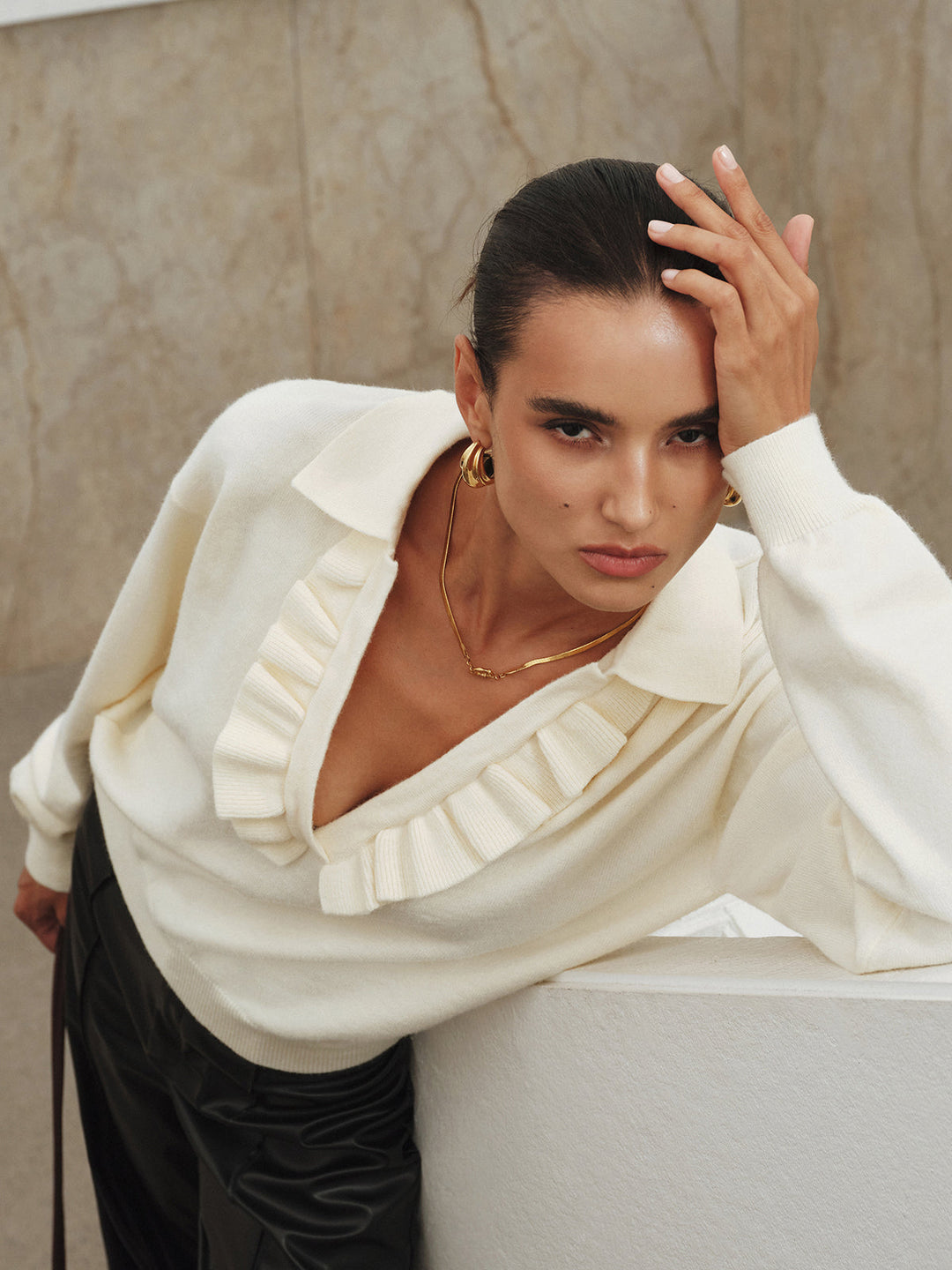 Ruffled Collared V-Neck Knit Top  Liora Lane Boutique Knit Tops