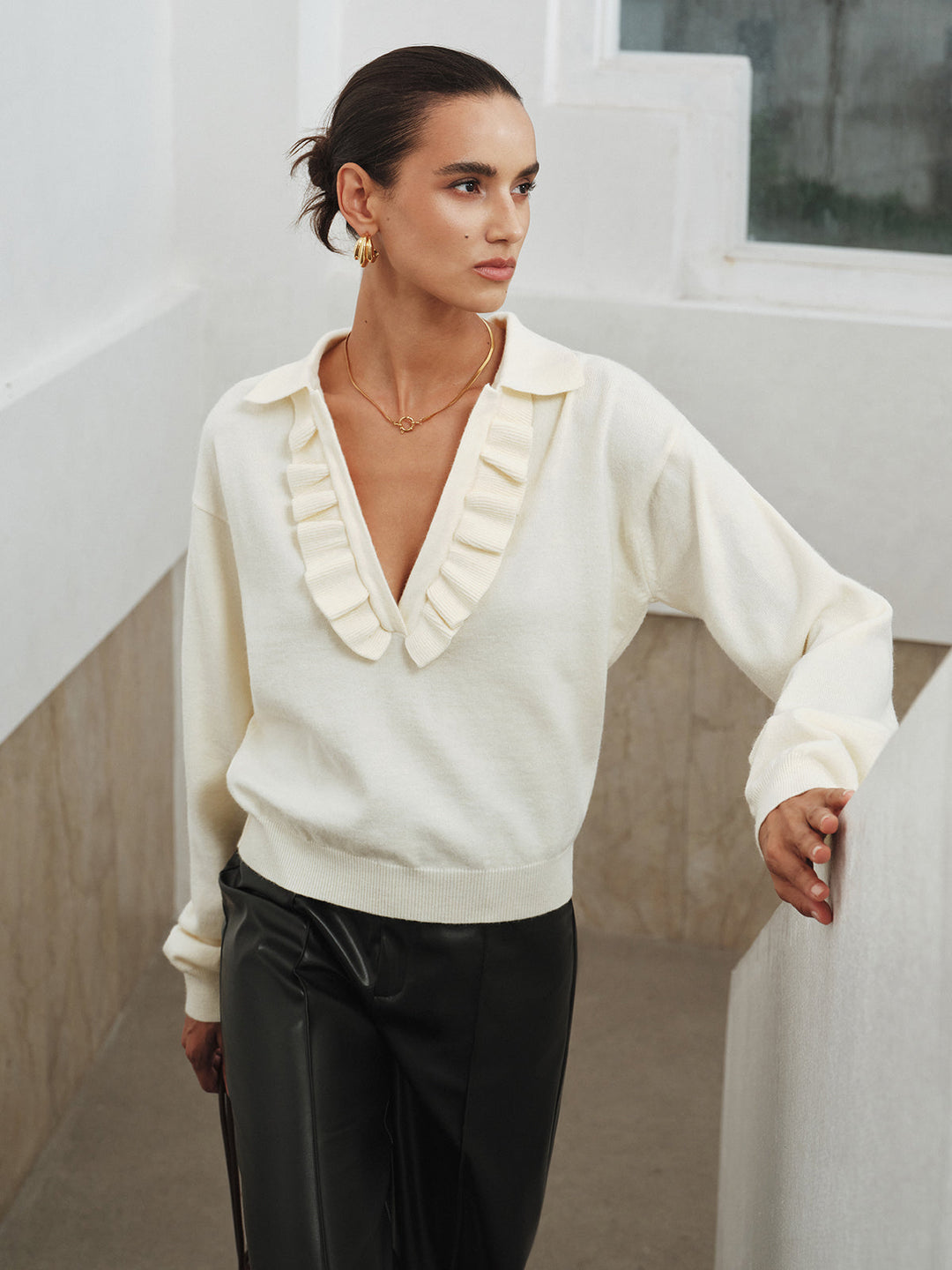 Ruffled Collared V-Neck Knit Top  Liora Lane Boutique Knit Tops Yellow / XL 42.00