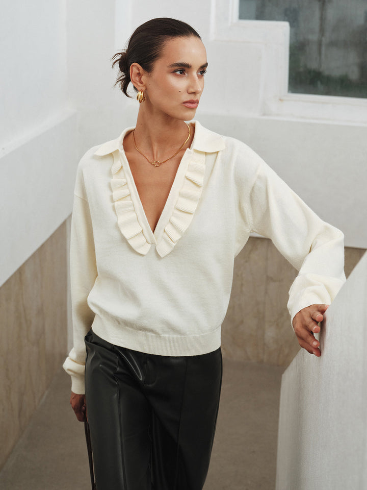 Ruffled Collared V-Neck Knit Top  Liora Lane Boutique Knit Tops Yellow / XL 42.00