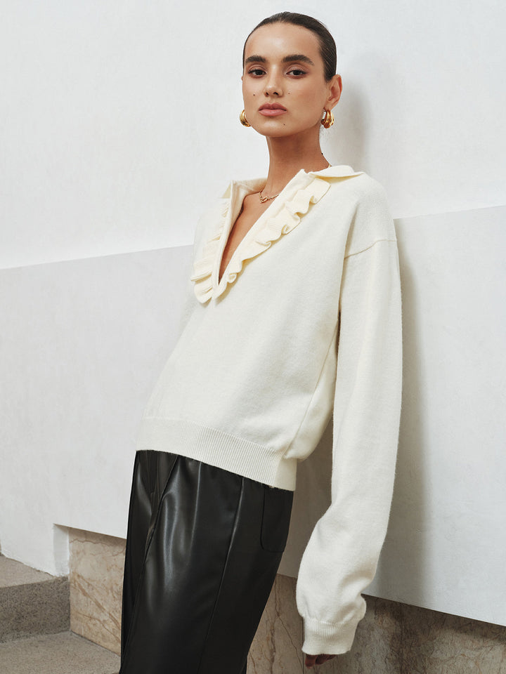 Ruffled Collared V-Neck Knit Top  Liora Lane Boutique Knit Tops