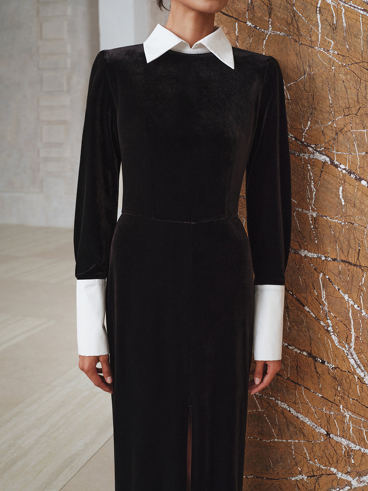 Contrast Panel Slit Long Sleeve Velvet Maxi Dress  Liora Lane Boutique Dresses