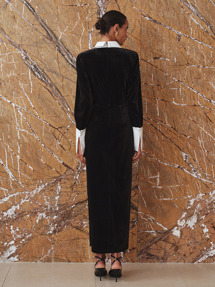 Contrast Panel Slit Long Sleeve Velvet Maxi Dress  Liora Lane Boutique Dresses