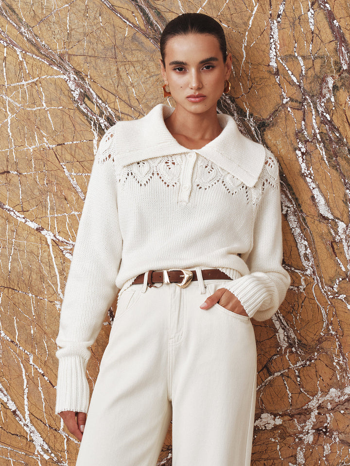 Eyelet Collared Knit Sweater  Liora Lane Boutique Sweaters Off-White / XL 69.00